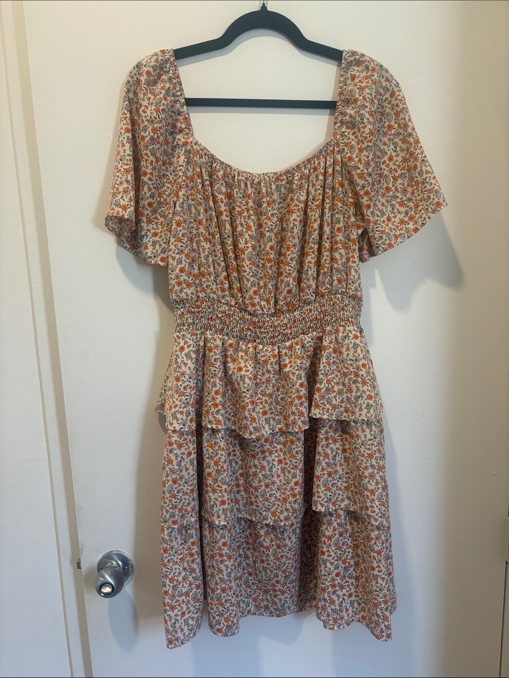 Floral Tiered Summer Dress in Beige and Rust